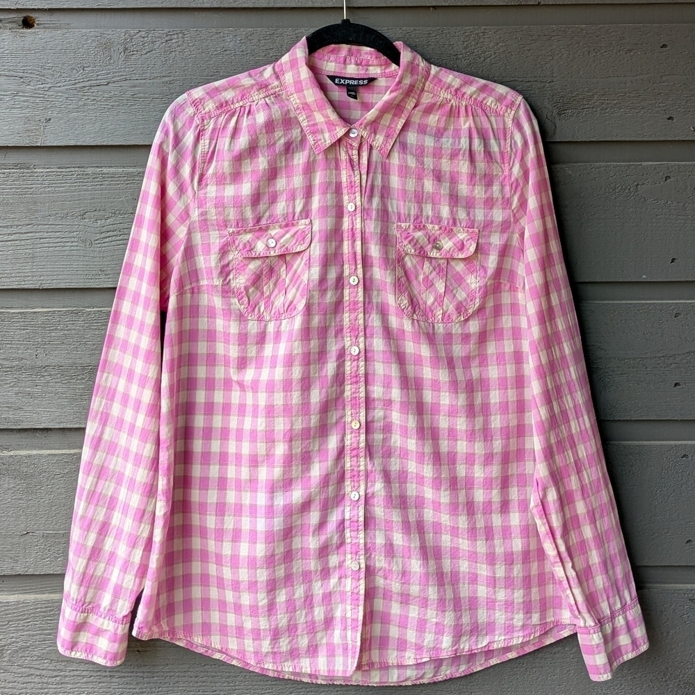 Express Pink Beige Gingham Check Mother of Pearl Button Front Shirt Size Large